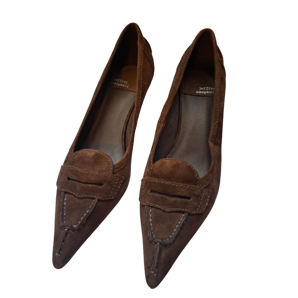 Jeffrey Campbell Brown Suede Pointed Toe Penny Loafer Kitten Heel Pumps
